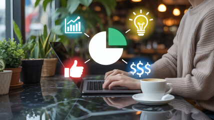 Person working on laptop with digital business analytics charts and icons representing growth success and ideas in a cafe setting