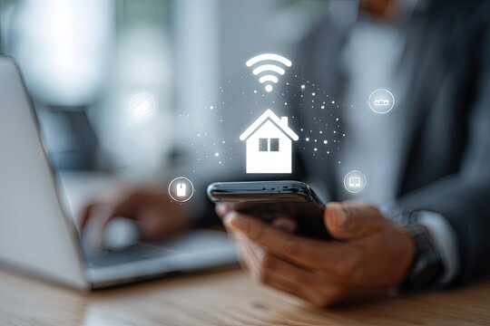 A person holding a smartphone with a home icon and wifi symbol overlaid, suggesting smart home technology.  Hands,  laptop, and  blurred office background