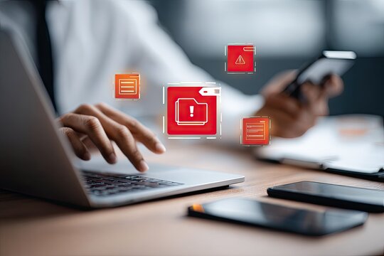 Person using laptop, mobile devices, with digital error icons overlaid