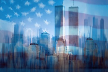 NYC skyline, American flag overlay.  Blurred cityscape with the U.S. flag imprinted in the background
