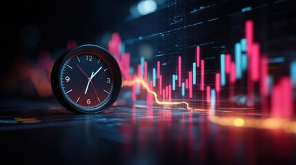 Modern Clock Over a Stock Market Graph with Red and Blue Candlestick Indicators in a Dark Environment