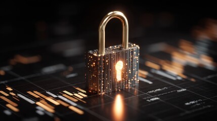 Digital encryption concept with glowing lock on abstract data background representing cybersecurity and data protection technologies