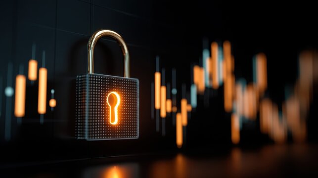 Digital Security Concept with Lock and Stock Market Graph for Financial Protection in Technology Environment