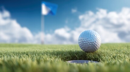 Obraz premium Close-up of a White Golf Ball Near the Hole on a Lush Green Course with Blue Sky and Clouds in Background