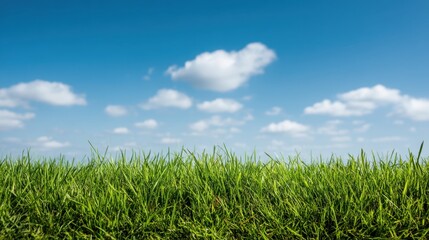 Lush Green Grass Under a Bright Blue Sky with Fluffy Clouds in a Serene Natural Landscape Setting