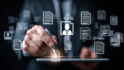 A person interacts with a digital tablet displaying numerous document and profile icons