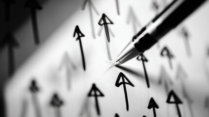 Black and White Abstract Background of Arrows with a Focused Pen Highlighting a Directional Movement Concept