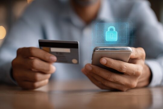 Close-up of hands holding credit card and phone, overlaid with a security lock icon