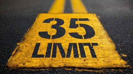 Bright Yellow Speed Limit Sign Painted on Asphalt Road Surface Indicating 35 MPH Traffic Regulation