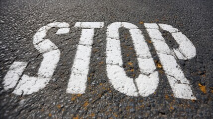 Close-Up View of Painted White STOP Sign on Asphalt Road Surface with Cracks and Leaves
