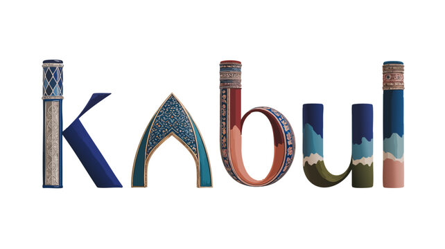 Kabul Typography Art with Afghan Architecture, Ornate Patterns, Blue Tones, and Cultural Motifs Isolated