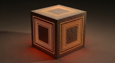 Illuminated Geometric Cube with Glowing Lines and Textured Surface