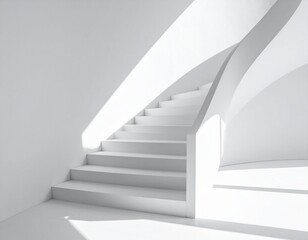 Obraz premium Curved staircase in pure white building, casting dramatic abstract shadows.