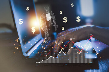 Creator Surrounded by Dollar Icons on Glowing Laptop, Passive Income Concept with Copy space, AI...