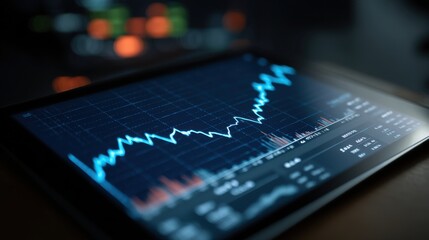 Data Visualization on Digital Tablet Showing Financial Market Trends and Stock Index Fluctuations in a Corporate Environment
