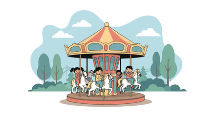 Adobe illustrator artwork vector illustration of children riding a colorful carousel at an amusement park. Features roller coasters and Ferris wheels in the background. Classic carnival fun © Amie