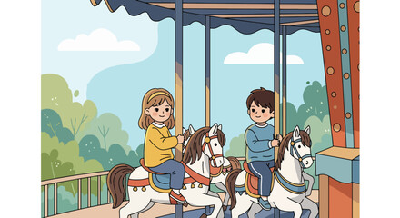 Adobe illustrator artwork vector illustration of children riding a colorful carousel at an amusement park. Features roller coasters and Ferris wheels in the background. Classic carnival fun