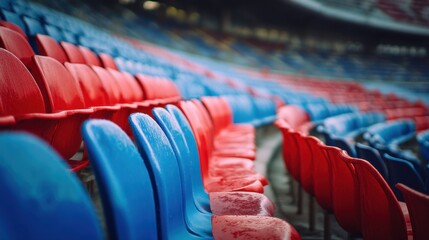 Abstract View of Colorful Empty Stadium Seats with Red and Blue Chairs Creating a Dynamic Visual Contrast in an Athletic Environment