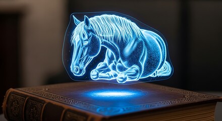 Illuminated Horse Hologram Resting on Antique Book with Glowing Blue Light