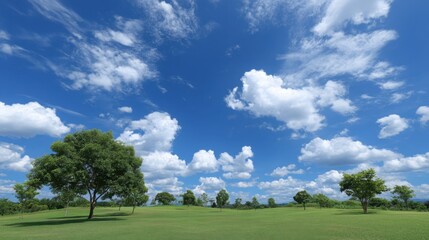 Fototapeta premium Expansive Blue Sky with Fluffy White Clouds Over a Lush Green Landscape Under Bright Sunlight