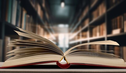 Fototapeta premium Opened reading book on library bookshelf