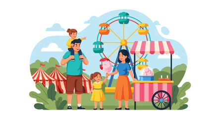 Adobe illustrator artwork vector illustration of a happy family enjoying a day at an amusement park. Dad carries a child, mom eats ice cream, and a girl holds balloons and cotton candy