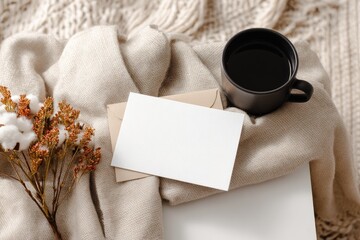 A blank card, coffee mug, and fall-themed decor on a beige knitted blanket