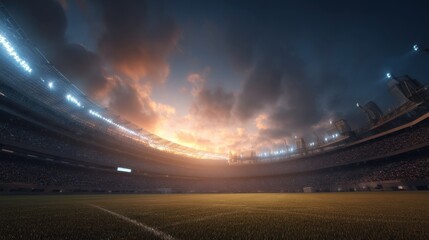 Dramatic Sunset Over a Vast Sports Stadium with Empty Field and Spectacular Clouds in the Sky