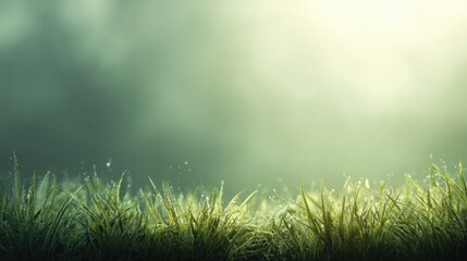 Fototapeta premium Lush Green Grass with Dew Drops Under Soft Morning Light in a Serene Natural Setting