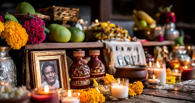 Traditional ofrenda altar with candles, photographs, marigolds, seasonal fruits, reverent atmosphere, soft candlelight