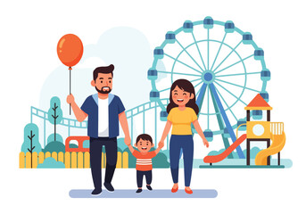 Adobe illustrator artwork vector illustration of a happy family, parents and child, walking together at an amusement park. Features a Ferris wheel, roller coaster, swings, and a slide