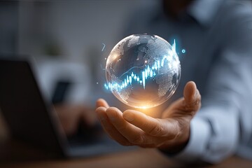 A hand holds a holographic globe, overlaid with financial data