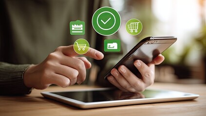 Close-up of hands using a smartphone and tablet, with e-commerce icons overlaid