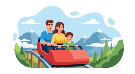 Obraz premium Adobe illustrator artwork vector illustration of a happy family riding a roller coaster at an amusement park. Parents and child enjoy the thrilling ride with mountains and trees in the background