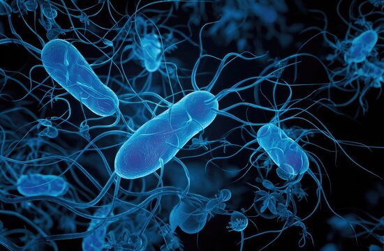 Microscopic view of bacteria.  Blue-toned, glowing, detailed image of numerous rod-shaped bacteria.  Complex network of filaments surrounds them against a dark background