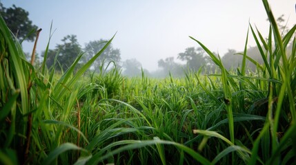 Morning Dew on Lush Green Grass with Misty Landscape in Background at Sunrise