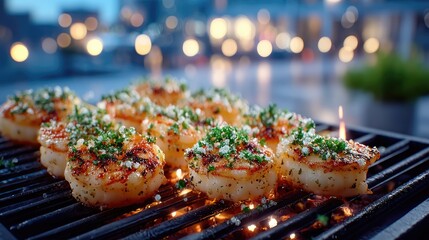 Grilled Shrimp Skewers with Herbs on a Black Grill with Blurred Cityscape Background