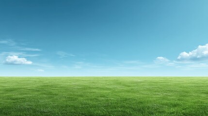 Fototapeta premium Vast Open Field Under Clear Blue Sky with Soft Clouds in Serenity and Tranquility of Nature's Beauty