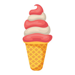 A twoflavor softserve ice cream cone with pink and beige swirls in a waffle cone
