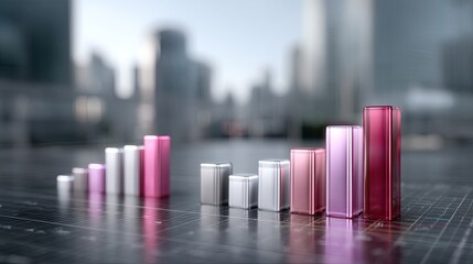 Growing Financial Bar Graph on Reflective Surface with Blurry Cityscape Background Visualization of Business Growth and Success in Pink and Silver
