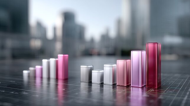 Growing Financial Bar Graph on Reflective Surface with Blurry Cityscape Background Visualization of Business Growth and Success in Pink and Silver - Powered by Adobe