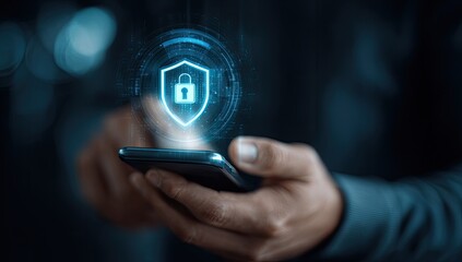 Person holding a smartphone with a security shield and lock graphic overlay