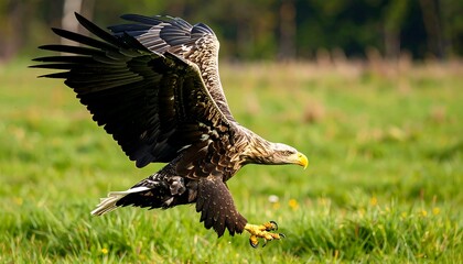 Majestic eagle in flight above a grassy field