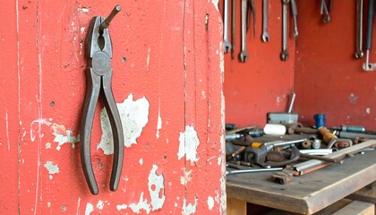 Old rusty pliers on a red workshop wall