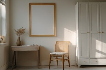 Beige-toned room with framed art, desk, and chair
