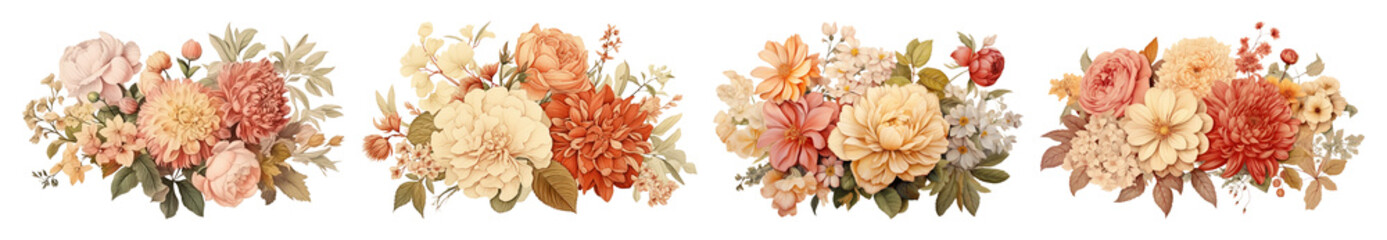 PNG Vintage floral bouquet illustration, element set on transparent background