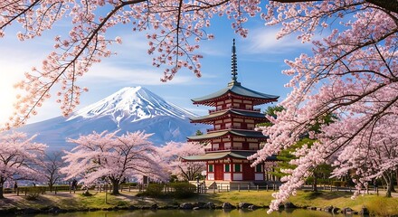Fototapeta premium Japanese Cherry Blossoms and Pagoda.