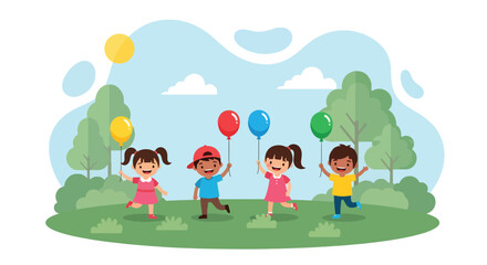 Adobe illustrator artwork vector illustration. Four diverse, happy children holding colorful balloons in a lively outdoor setting, symbolizing celebration and childhood joy