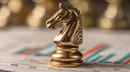 Golden chess piece on financial charts and stock market data, representing strategy and business planning concepts