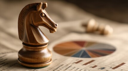 Wooden chess knight piece on a business analysis chart with graphs and statistics in the background